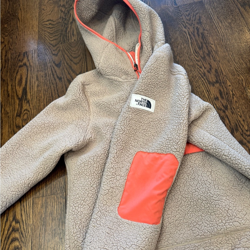 The North Face Women's Cream Sherpa Hoodie with Coral Trim